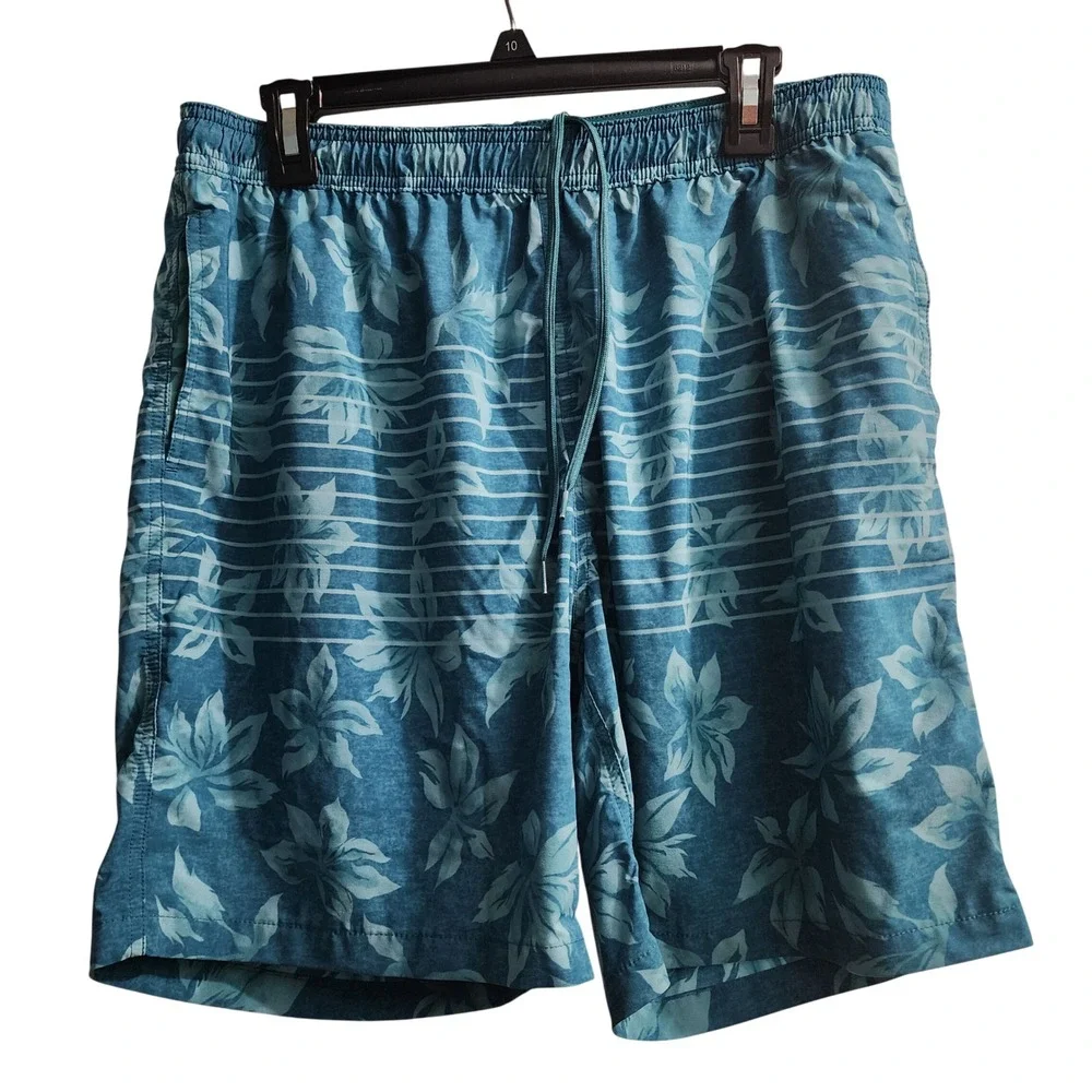 Kirkland Signature Mens‎ Large Swim Trunks Blue Floral Stripe Drawstring Shorts